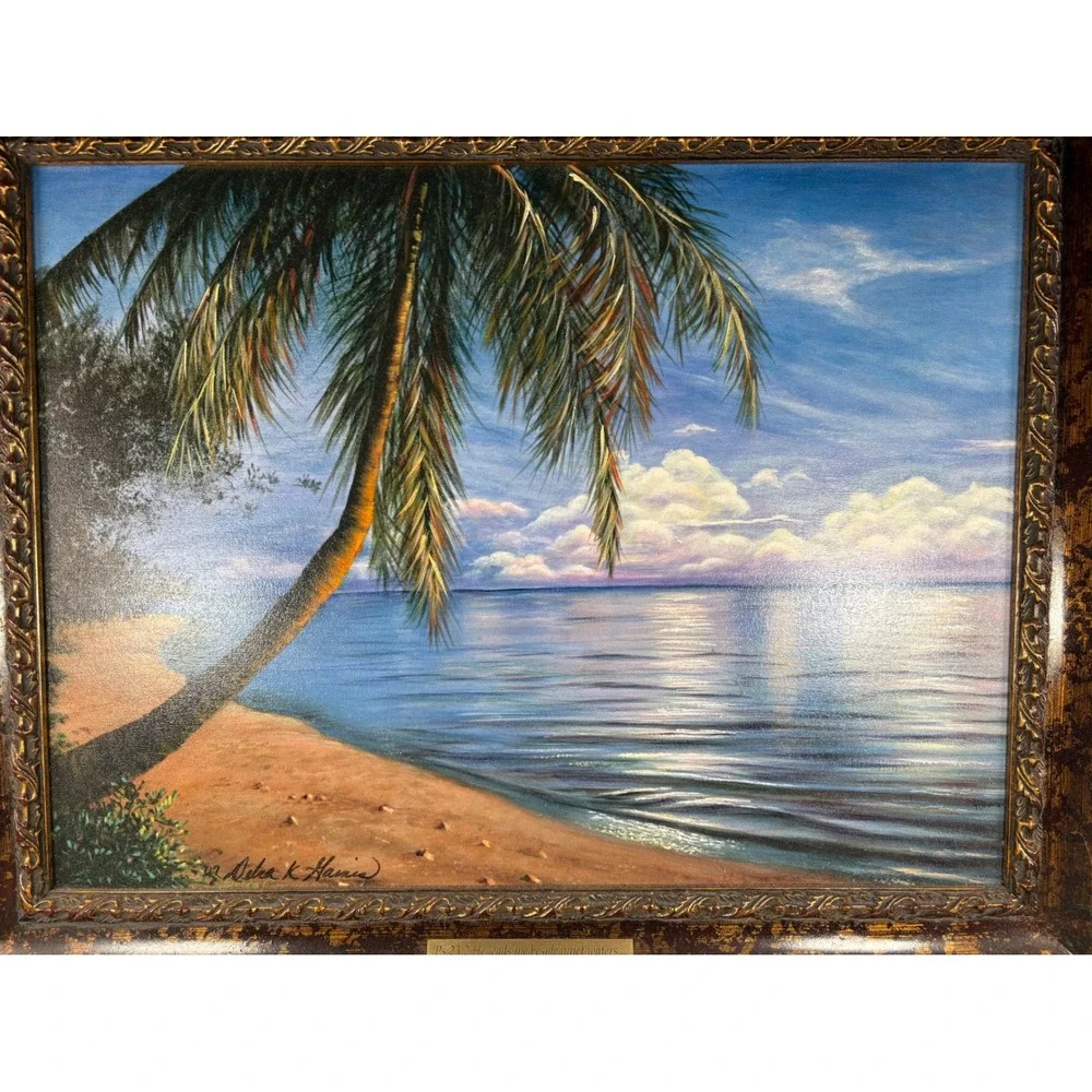 Debra K Harris Original Oil Painting Tropical‎ Beach Psalm 23:2 Ornate 28x22